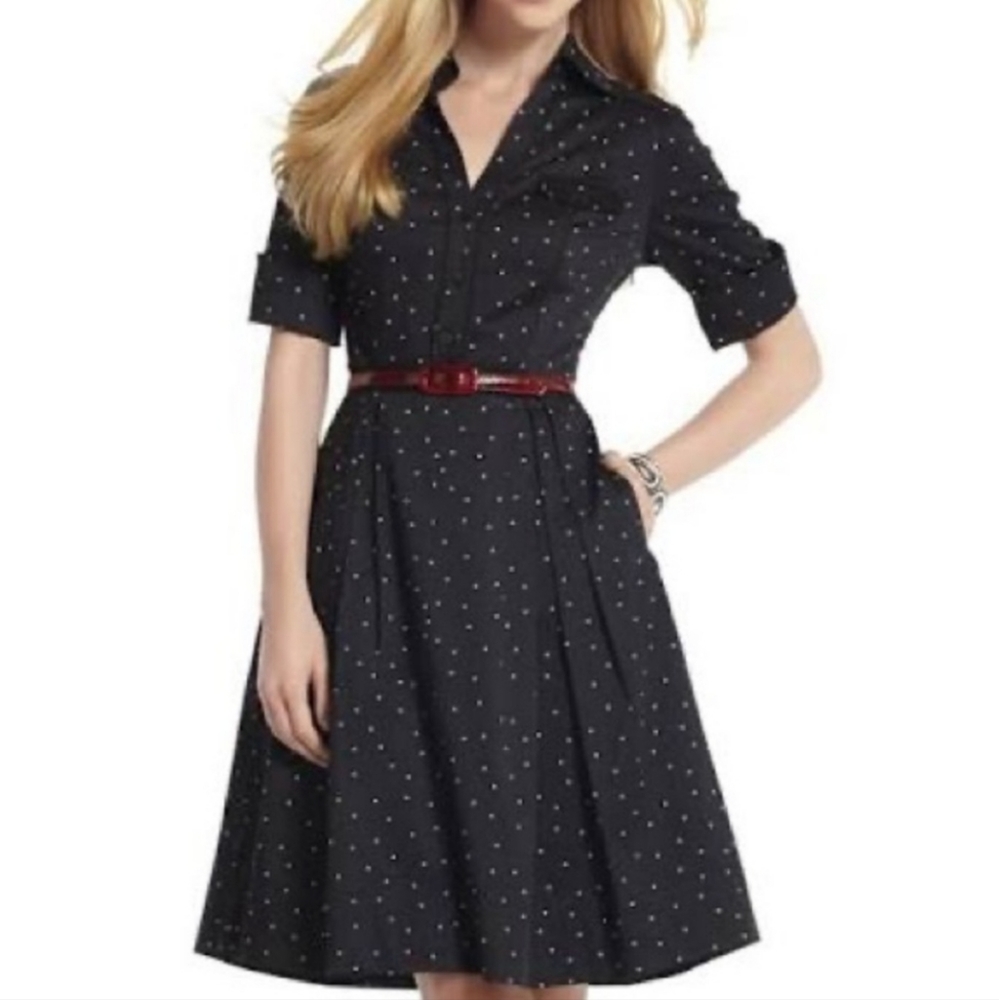 Black Polka Dot Shirt Dress with Red Belt